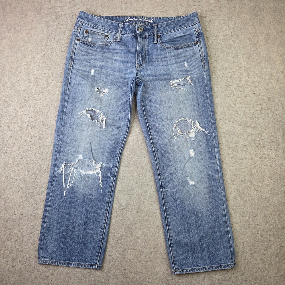 Vintage American Eagle Boy Fit Jeans Womens 8 Reg Blue Distressed Denim Y2K